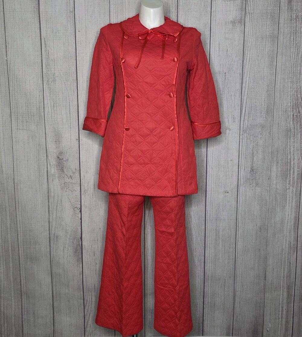 VTG 60s 70s Quilted Coral Lounge Set Pantsuit Hostess Coat Mod, sz Large